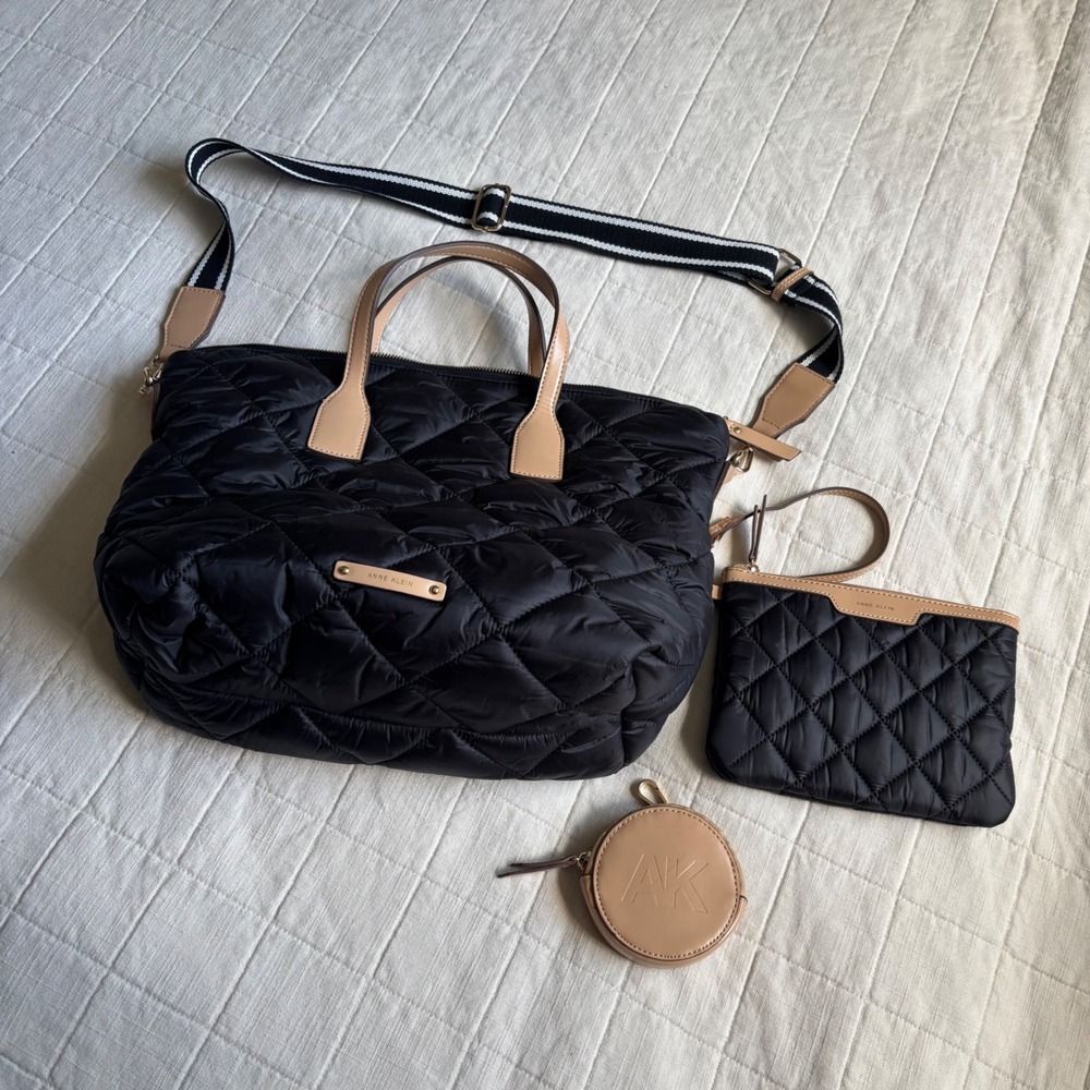 Anne Klein Tote Bag Womens Large Black Excellent Quilted Puffer 3 Piece Set